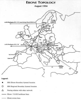 die europäischen Netzwerkverbindungen über EBONE (August 1994)